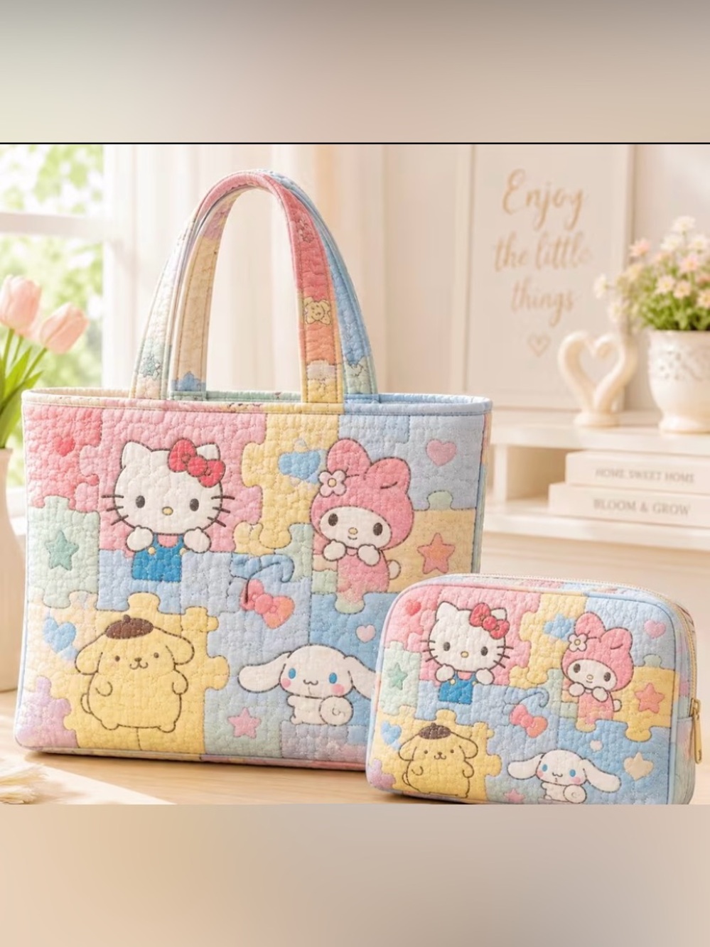 Hello Kitty Quilted Tote and Pouch - Pastel Pink, Blue, Yellow, Cream